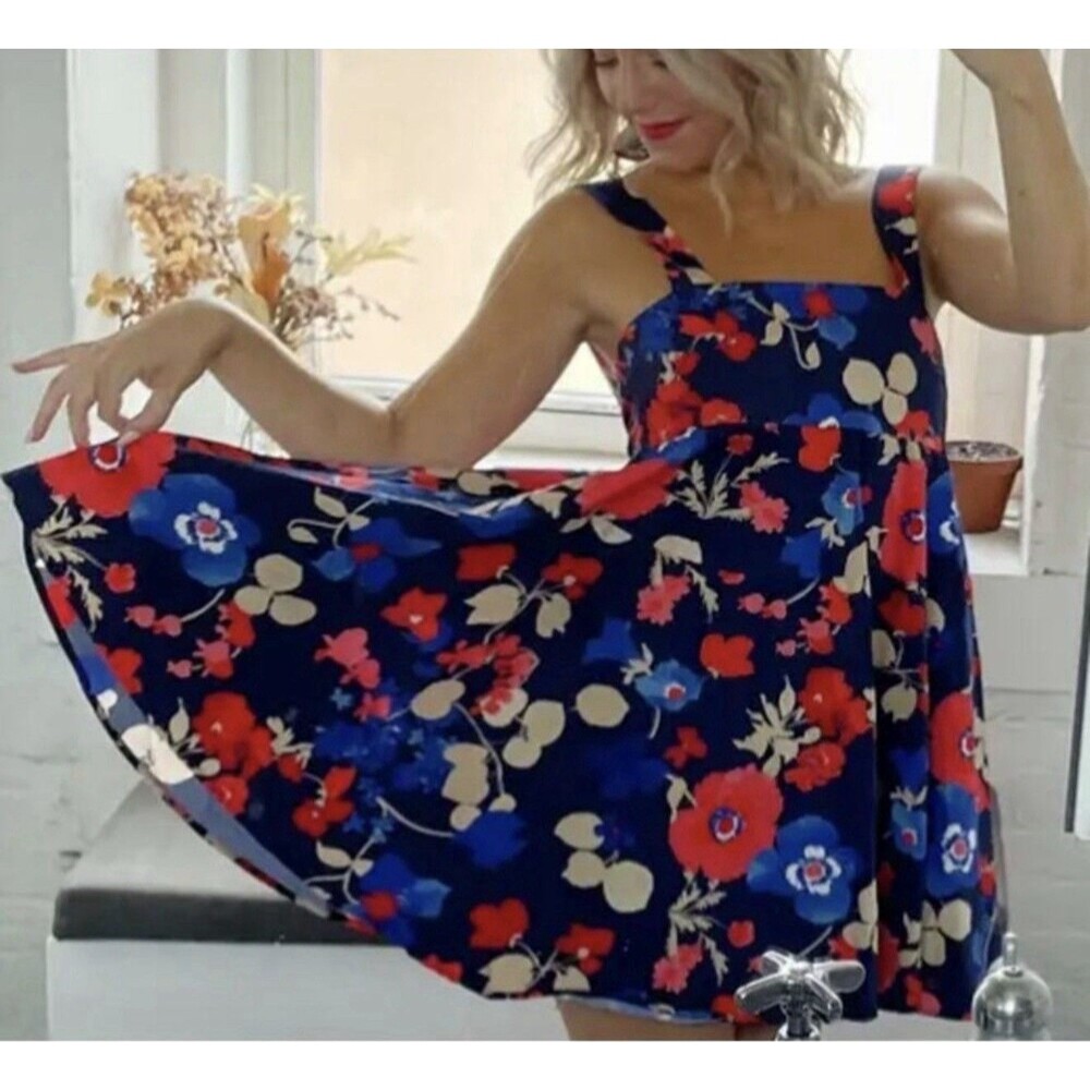 Peter Som Floral Mini Dress Sz 10 Blue Red Tie Back Babydoll Sundress Pockets EU - Picture 2 of 16